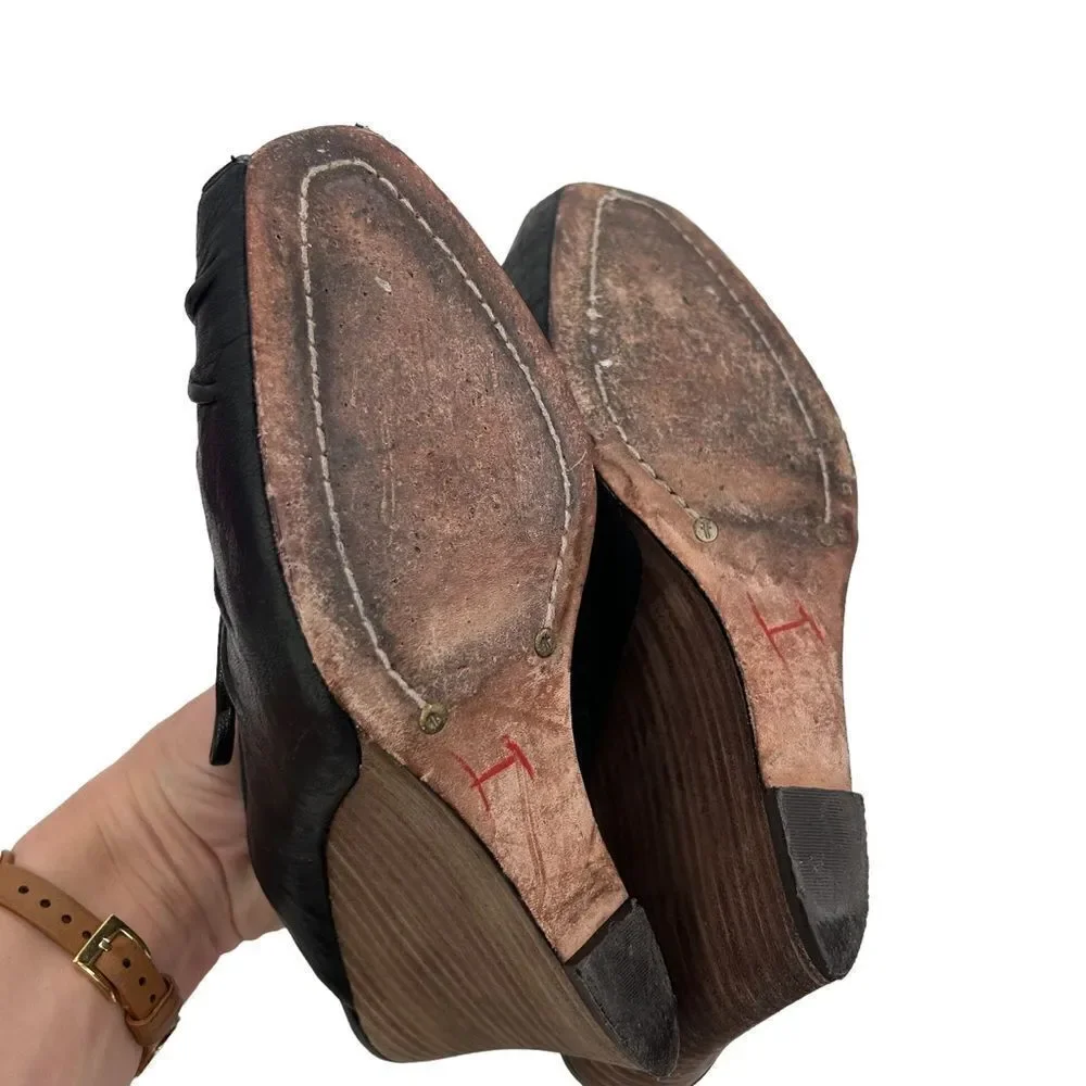 Frye Gwen black peep toe wedge with tie size 8.5